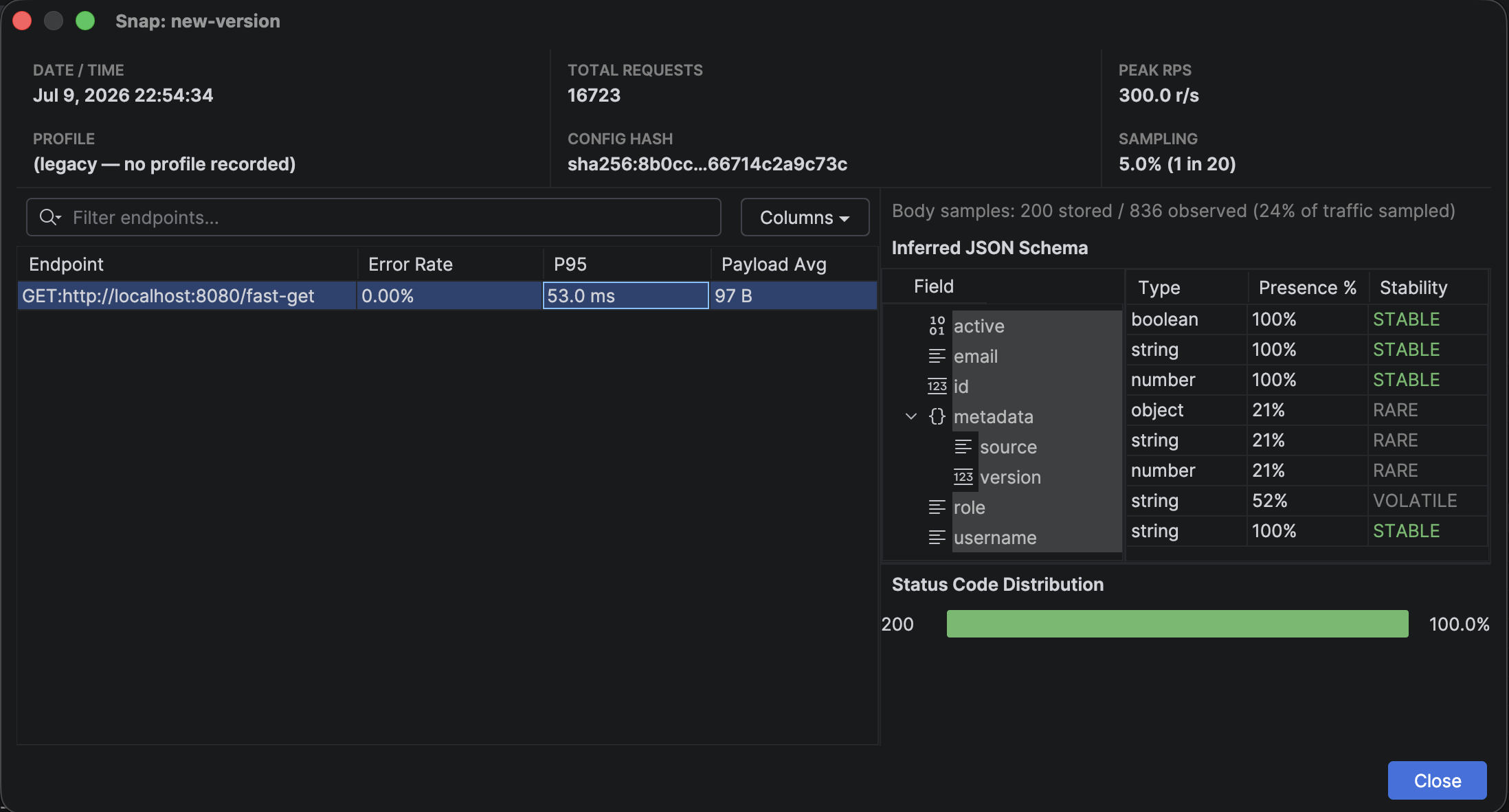 Native snapshot detail view showing inferred JSON schema stability and presence